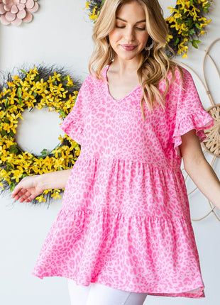 Heimish Full Size Leopard Ruffle Trim Short Sleeve Top - MimiStylez