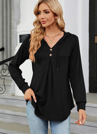 Decorative Button Drawstring Long Sleeve Hoodie - MimiStylez