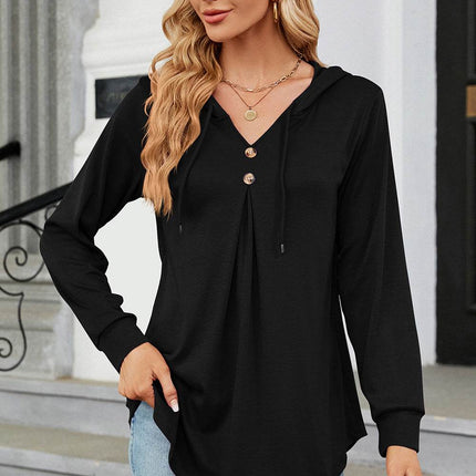 Decorative Button Drawstring Long Sleeve Hoodie - MimiStylez