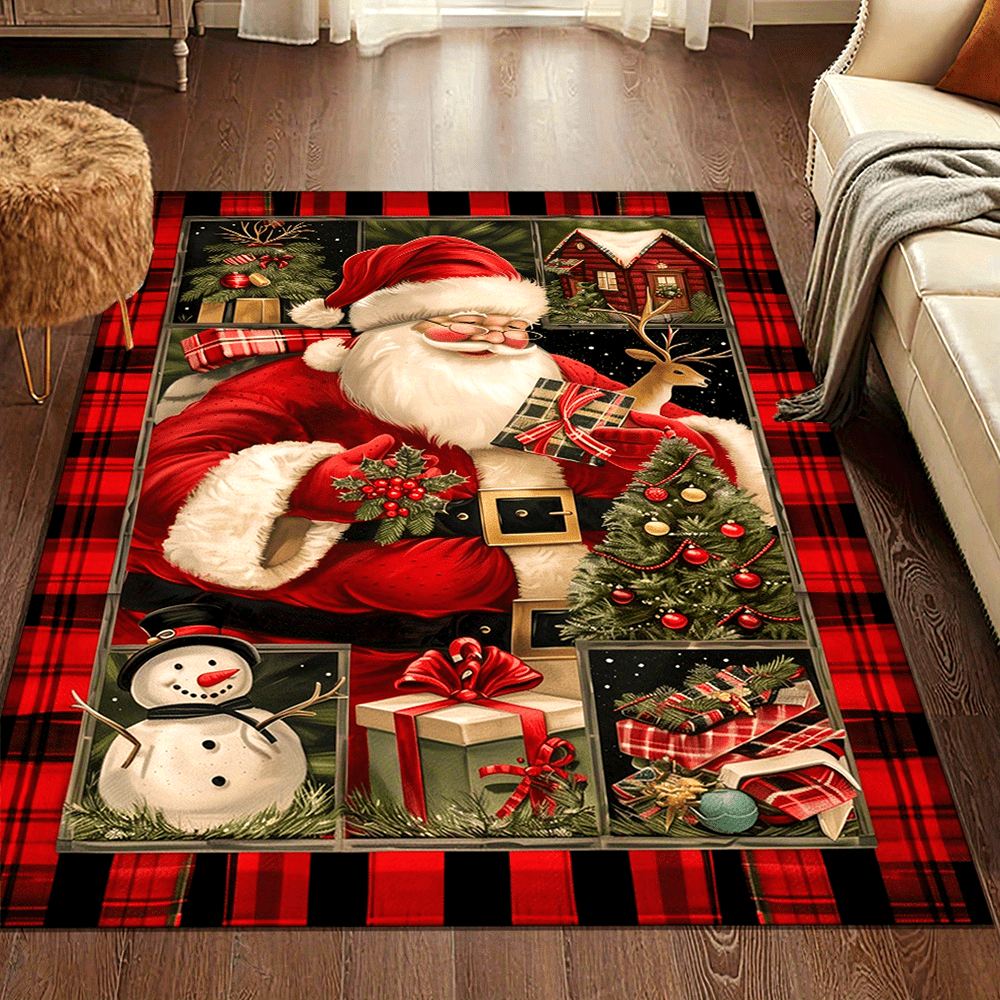 Santa Claus & Snowman Design Polyester Area Rug - Crystal Velvet Christmas Themed Carpet Chair Mat for Living Room, Bedroom, Office - Durable Non-Slip Entrance Doormat, 800g/m2, 1pc (Large Size Exceeding 70.87inch)