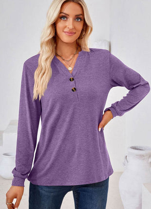 V-Neck Buttoned Long Sleeve Blouse - MimiStylez