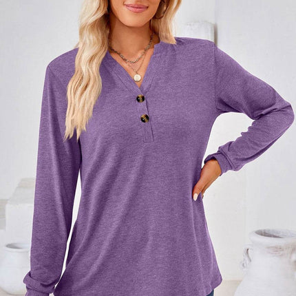 V-Neck Buttoned Long Sleeve Blouse - MimiStylez