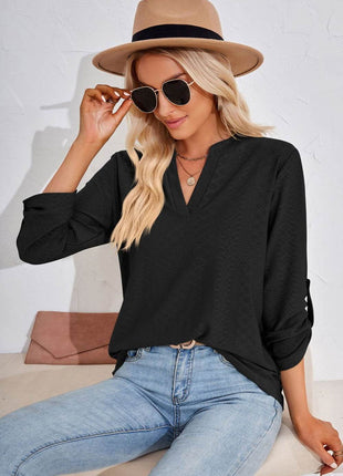V-Neck Roll-Tap Sleeve Blouse - MimiStylez