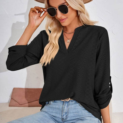 V-Neck Roll-Tap Sleeve Blouse - MimiStylez