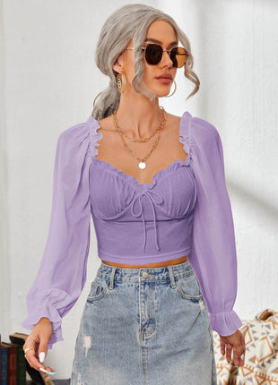 Mesh Sweetheart Neck Flounce Sleeve Top - MimiStylez