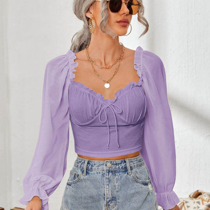 Mesh Sweetheart Neck Flounce Sleeve Top - MimiStylez