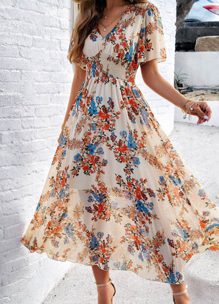 Smocked Floral V-Neck Short Sleeve Dress - MimiStylez