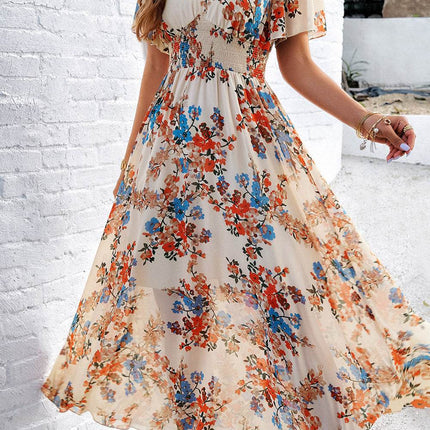 Smocked Floral V-Neck Short Sleeve Dress - MimiStylez