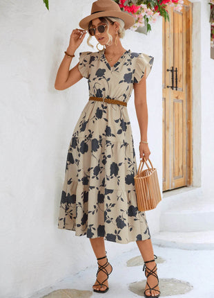 Floral Frill Trim V-Neck Tiered Midi Dress - MimiStylez