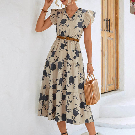 Floral Frill Trim V-Neck Tiered Midi Dress - MimiStylez