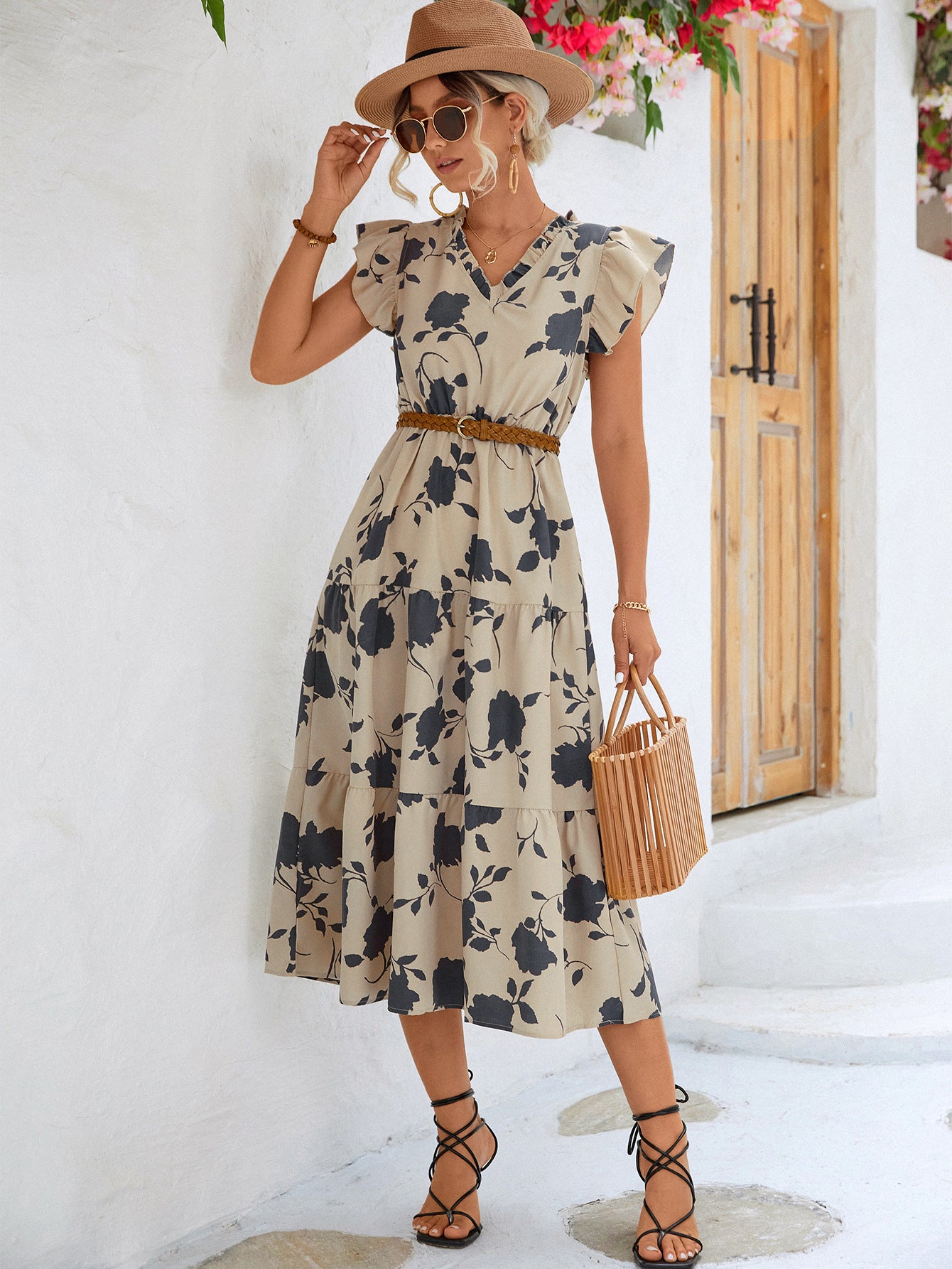 Floral Frill Trim V-Neck Tiered Midi Dress