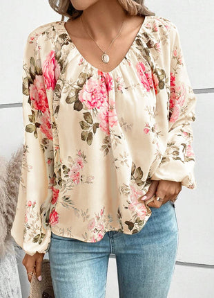 Floral V-Neck Balloon Sleeve Blouse - MimiStylez