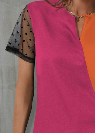 Color Block Notched Short Sleeve T-Shirt - MimiStylez