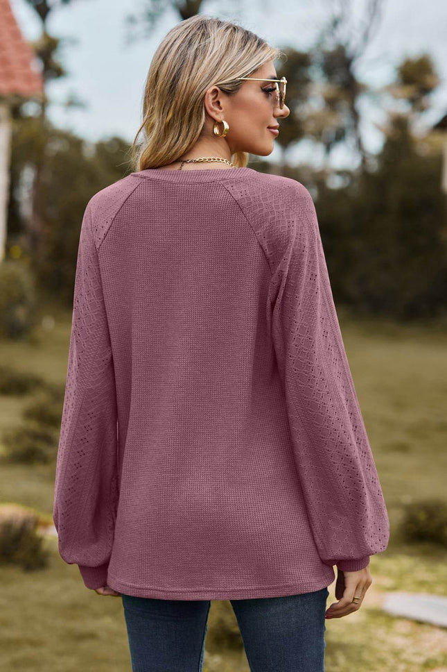 Notched Neck Raglan Sleeve Blouse - MimiStylez