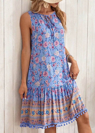 Tie Neck Sleeveless Floral Dress - MimiStylez