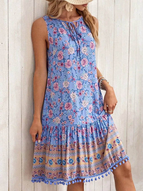 Tie Neck Sleeveless Floral Dress - MimiStylez