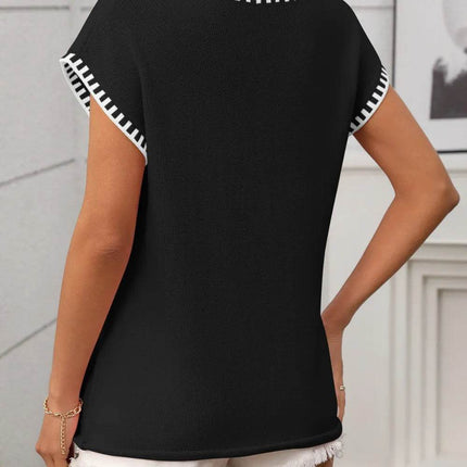 Contrast Trim V-Neck Short Sleeve Knit Top - MimiStylez