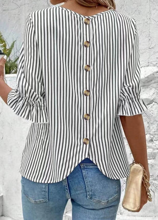 Striped Round Neck Half Sleeve Casual Blouse - MimiStylez