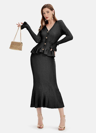 Ruffled V-Neck Top and Midi Skirt Sweater Set - MimiStylez