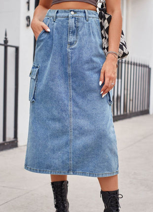 Slit Buttoned Denim Skirt with Pockets - MimiStylez