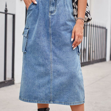Slit Buttoned Denim Skirt with Pockets - MimiStylez