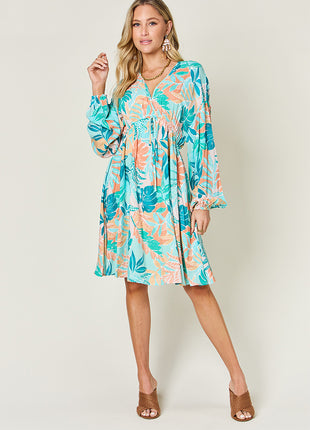 Double Take Full Size Printed V-Neck Drawstring Dress