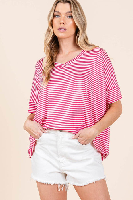 BOMBOM Striped V-Neck T-Shirt - MimiStylez