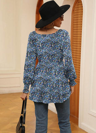 Printed V-Neck Lantern Sleeve Blouse - MimiStylez
