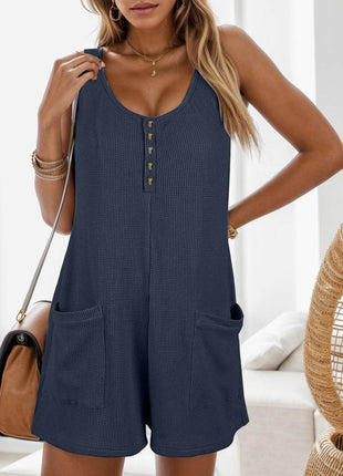 Waffle-Knit Scoop Neck Wide Strap Romper - MimiStylez