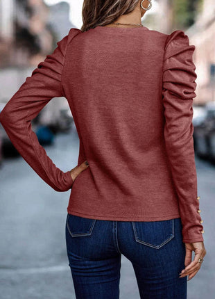 Decorative Button Puff Sleeve T-Shirt - MimiStylez