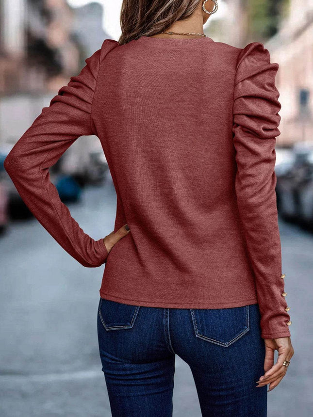 Decorative Button Puff Sleeve T-Shirt - MimiStylez
