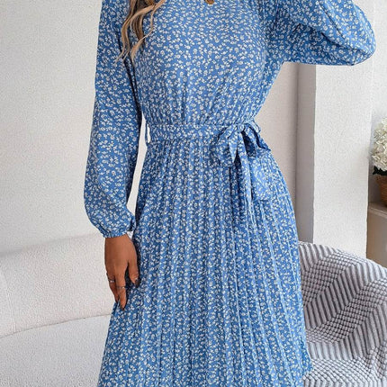Ditsy Floral Tie Waist Pleated Dress - MimiStylez