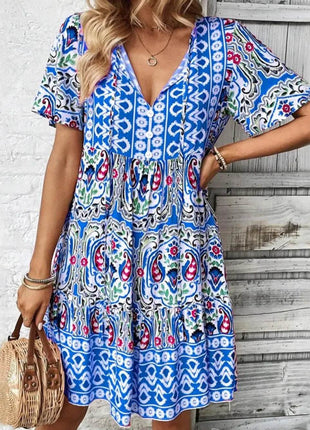 Printed Tie Neck Short Sleeve Dress - MimiStylez