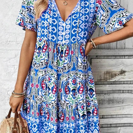 Printed Tie Neck Short Sleeve Dress - MimiStylez
