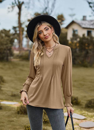 Notched Neck Flounce Sleeve Blouse - MimiStylez