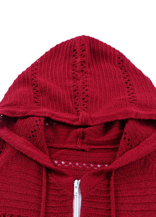Zip-Up Raglan Sleeve Openwork Hooded Cardigan - MimiStylez