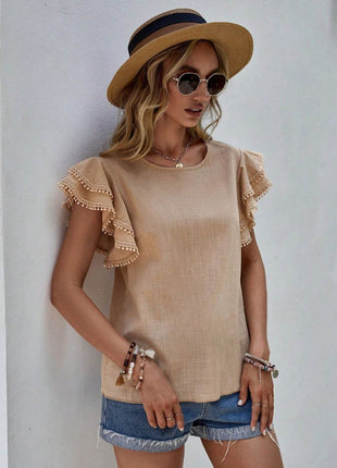 Ruffled Cap Sleeve Round Neck Blouse - MimiStylez