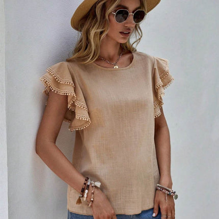 Ruffled Cap Sleeve Round Neck Blouse - MimiStylez