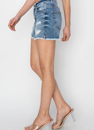 RISEN Stepped Waist Frayed Denim Shorts - MimiStylez