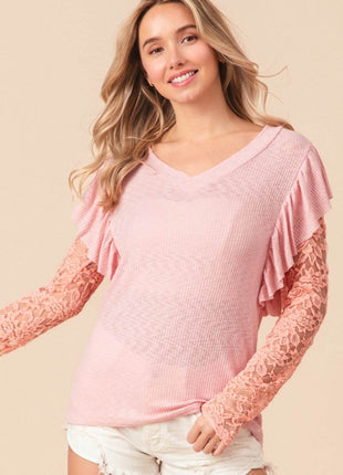 BiBi Ruffled Lace Sleeve Rib Knit Top - MimiStylez