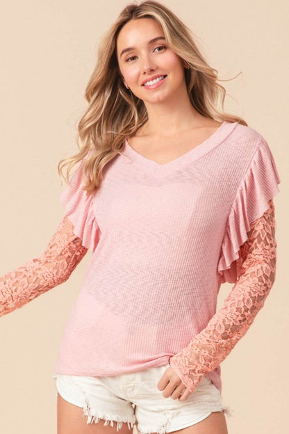BiBi Ruffled Lace Sleeve Rib Knit Top - MimiStylez