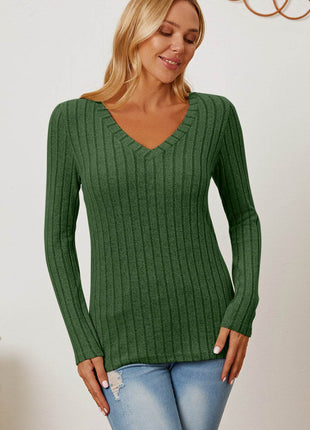 Basic Bae Full Size Ribbed V-Neck Long Sleeve T-Shirt - MimiStylez