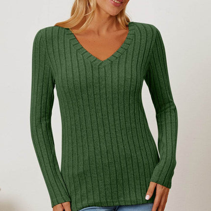 Basic Bae Full Size Ribbed V-Neck Long Sleeve T-Shirt - MimiStylez