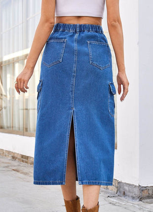 Slit Midi Denim Skirt with Pockets - MimiStylez