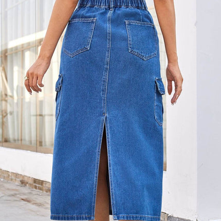 Slit Midi Denim Skirt with Pockets - MimiStylez