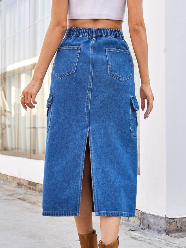 Slit Midi Denim Skirt with Pockets - MimiStylez