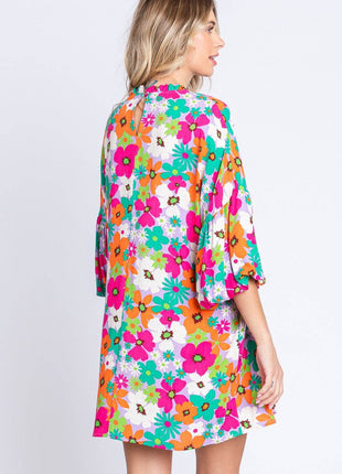 GeeGee Full Size Floral Round Neck Lantern Sleeve Mini Dress - MimiStylez