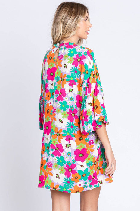 GeeGee Full Size Floral Round Neck Lantern Sleeve Mini Dress - MimiStylez