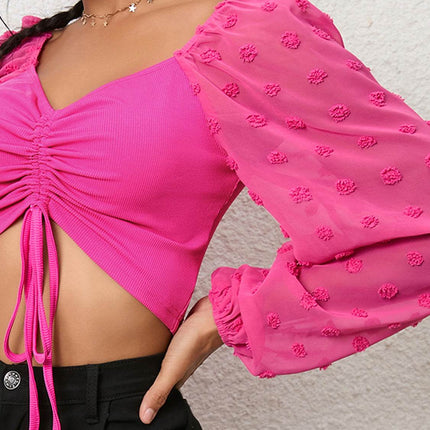 Swiss Dot Drawstring Cropped Blouse - MimiStylez