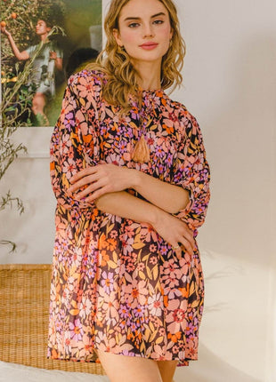 ODDI Full Size Floral Tied Neck Mini Dress - MimiStylez